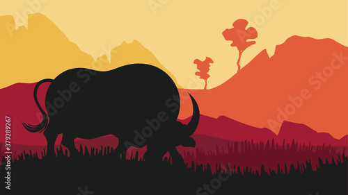 Sunset landscape and bull silhouette © AnnaPa