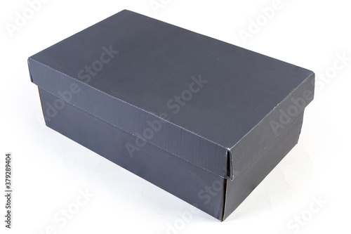 Closed dark grey cardboard shoe box on a white background