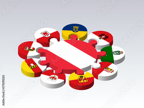 Puzzle 3D from Austria flags on gray background. Austria Flags Puzzle isometry. Set of 3D puzzles with flags of nine lands Austria.  EPS10.