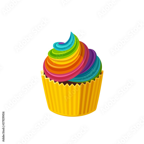 Rainbow cupcake with colorful icing. Fairy cake in paper cup. Tasty dessert with rainbow colored frosting. Vector illustration in cute cartoon style