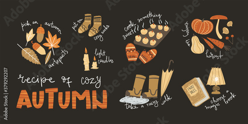 Poster with cozy autumn tips. Simple cute illustration