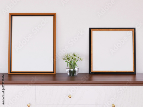 Interior Living Room Photo Frame Realistic Mockup. 3D Rendering, 3D illustration.