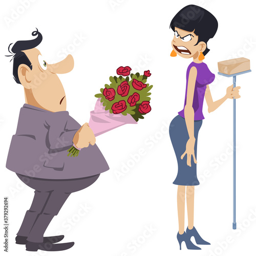 Angry woman is shouting at man with bouquet. Funny people.