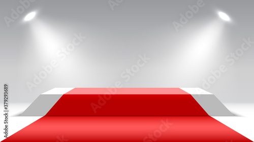 Podium with red carpet and spotlights. Blank pedestal. Stage for awards ceremony. Vector illustration.