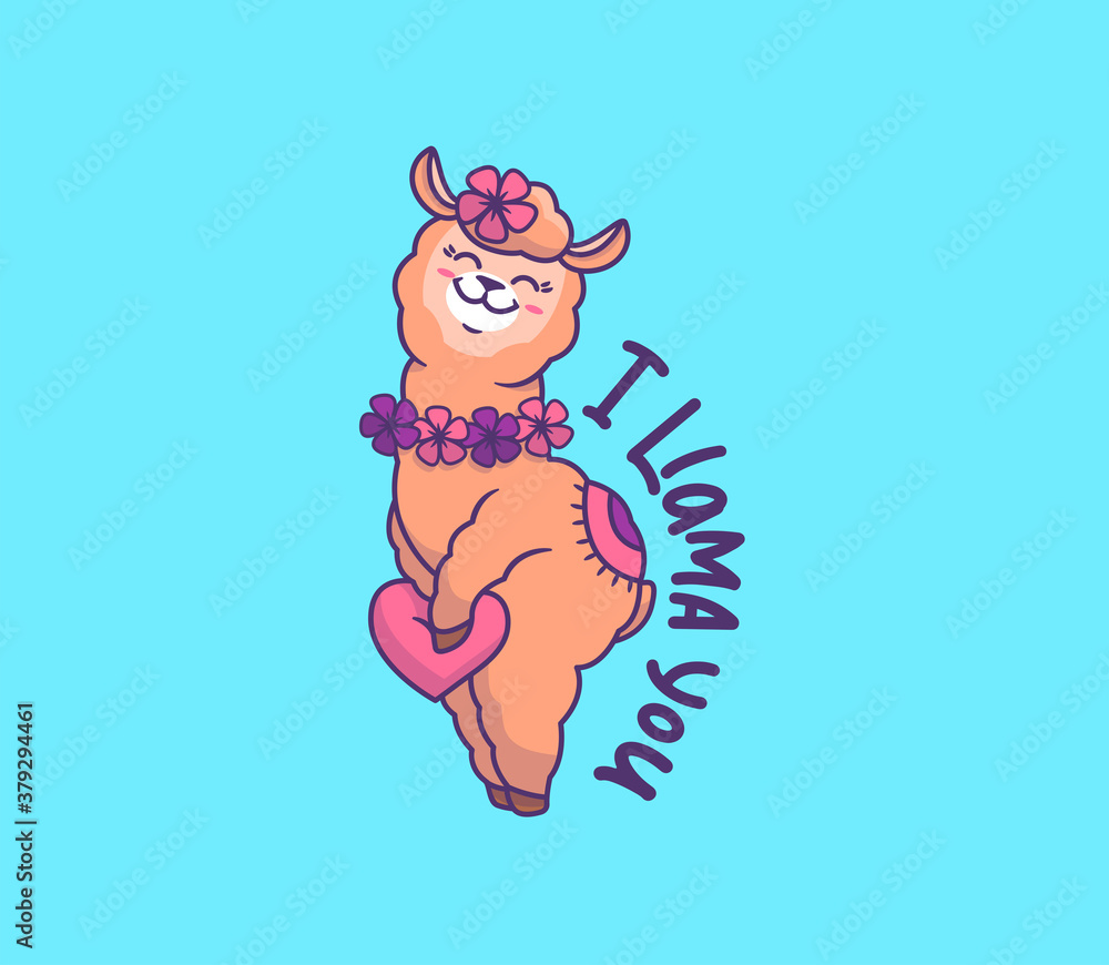 The cute llama alpaca with a wreath of flowers is holding a heart The cute llama alpaca with a wreath of flowers is holding a heart