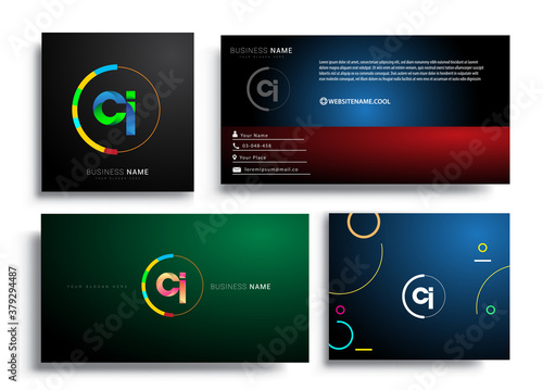Letter CI logotype with colorful circle, letter combination logo design with ring, sets of business card for company identity, creative industry, web, isolated on white background.