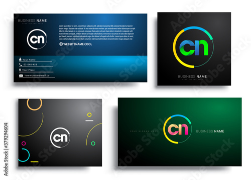 Letter CN logotype with colorful circle, letter combination logo design with ring, sets of business card for company identity, creative industry, web, isolated on white background.