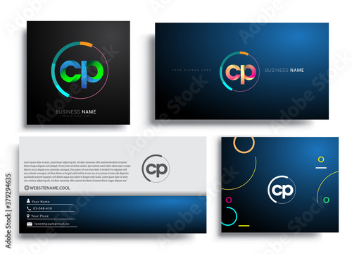 Letter CP logotype with colorful circle, letter combination logo design with ring, sets of business card for company identity, creative industry, web, isolated on white background. photo