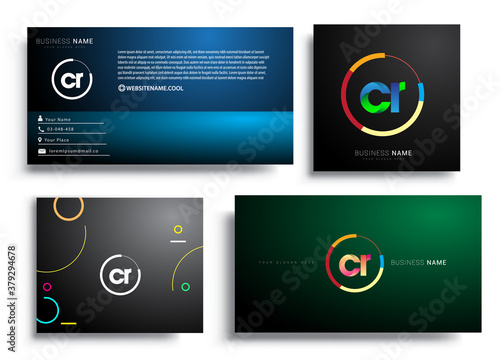Letter CR logotype with colorful circle, letter combination logo design with ring, sets of business card for company identity, creative industry, web, isolated on white background.