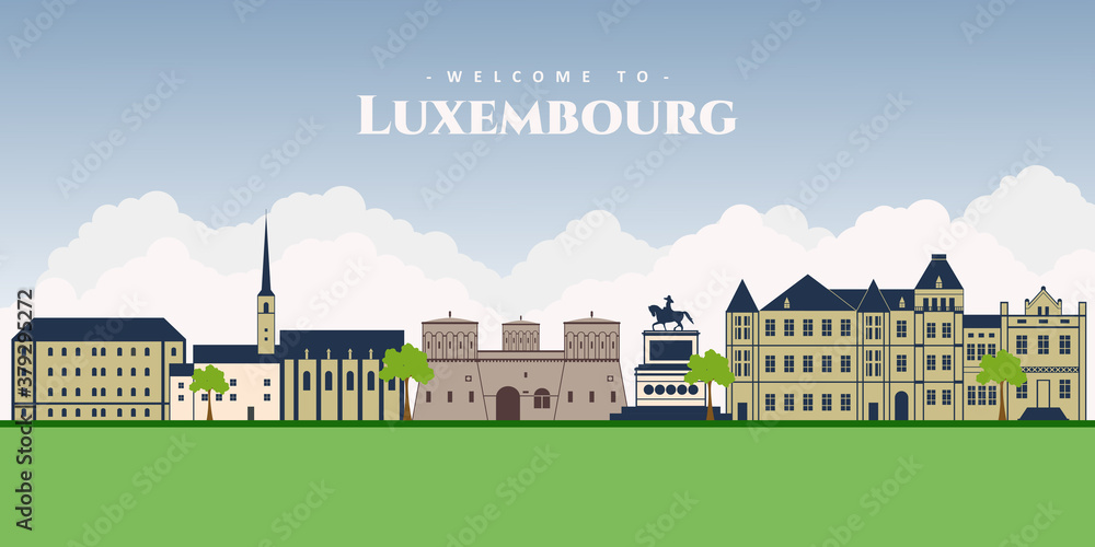 Panorama of Luxembourg. Top view of Luxembourg with famous landmark for tourists destination. Old quarter buildings, National Museum History and Art, Grand Ducal Palace and Guillaume II statue. - obrazy, fototapety, plakaty 