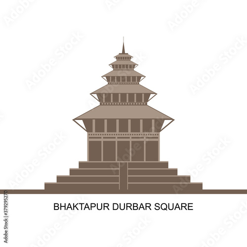 Landmarks of Nepal. Temples of Durbar Square in Bhaktapur, Kathmandu valey, Nepal. It is UNESCO world heritage site. Historical building tourist destination. Around the world concept. Flat vector