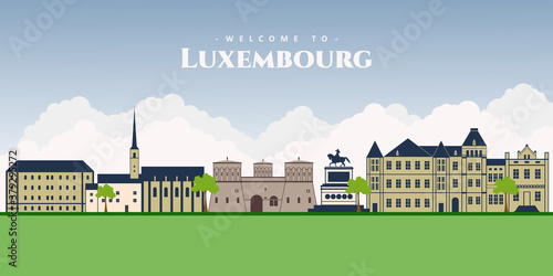 Panorama of Luxembourg. Top view of Luxembourg with famous landmark for tourists destination. Old quarter buildings, National Museum History and Art, Grand Ducal Palace and Guillaume II statue.