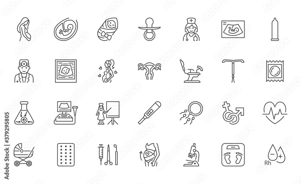 Gynecology flat line icons set. Pregnancy test, baby ultrasound ...