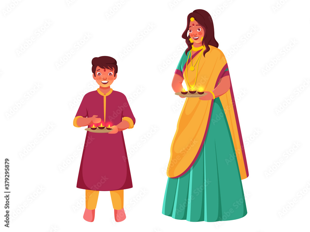 Indian Young Woman with Her Son Holding Plate of Lit Oil Lamps on White Background.