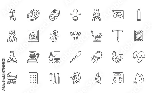 Gynecology flat line icons set. Pregnancy test, baby ultrasound, obstetrics doctor, embryo in uterus, infertility, ivf vector illustrations. Outline signs pregnant woman health, hospital infographic