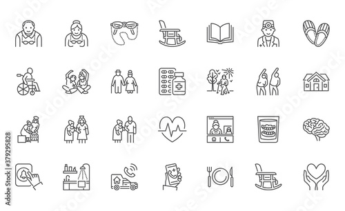 Senior people flat line icons set. Old man and woman exercising, active grandparents, wheelchair, alzheimer nursing home doctor vector illustrations. Outline signs for elder citizens infographic
