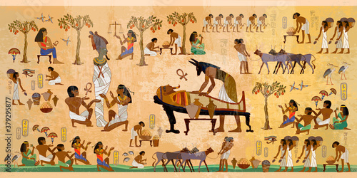 Ancient Egypt. Mummification process. Hieroglyphic carvings. History wall painting, tomb King Tutankhamun. Concept of a next world. Anubis and pharaoh sarcophagus. Egyptian gods, mythology