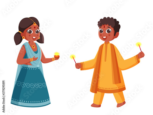 Illustration of Young Girl Holding a Oil Lamp (Diya) with Boy Enjoy Firecracker on White Background.