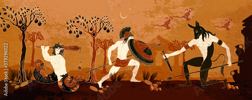 Ancient Greece banner. Hunting for a Minotaur. Classical medieval style. Vector illustration © Matrioshka