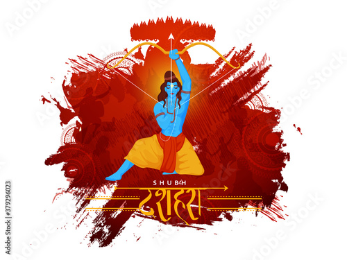 Lord Ram Holding Bow Arrow with Silhouette Ravan Demon and Brush Stroke Effect on White Background for Shubh (Happy) Dussehra.