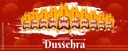 Shubh (Happy) Dussehra Header or Banner Design with Illustration of Ravan Demon Ten Heads Cut and White Brush Stroke Effect on Red Background. photo