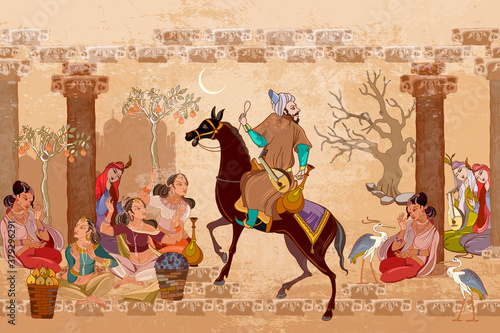 Medieval miniature. Mughal art. Persian frescoes. Travel of heroes. Ancient civilization murals. Ottoman Empire. Fairy tales and legends of the Middle East