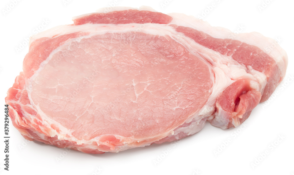 sliced raw pork meat isolated on white background. with clipping path. full depth of field.