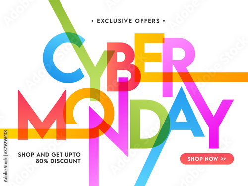 Colorful Stylish Cyber Monday Text with 80% Discount Offer on White Background for Sale.