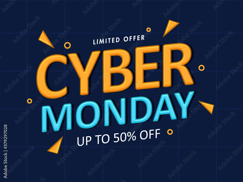 Glossy Cyber Monday Text with Triangle Elements and 50% Discount Offer on Blue Grid Background. Glossy Cyber Monday Text with Triangle Elements and 50% Discount Offer on Blue Grid Background.