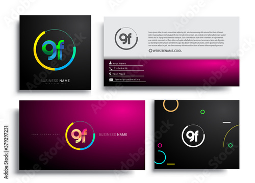 Letter GF logotype with colorful circle, letter combination logo design with ring, sets of business card for company identity, creative industry, web, isolated on white background.