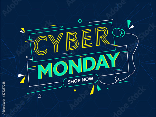 Stylish Cyber Monday Text with Mouse on Blue Polygon Lines Background for Advertising.