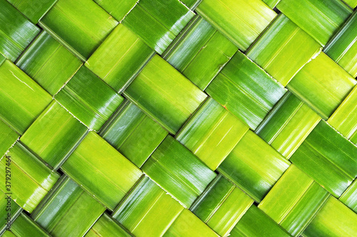 wicker, zigzag weave of coconut palm leaf, green foliage interlace texture background