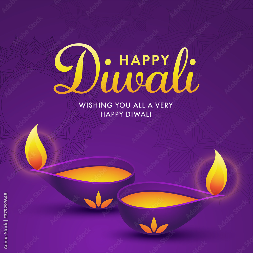 Wishing You All A Very Happy Diwali Text with Lit Oil Lamps (Diya) on Purple Mandala Pattern Background. Wishing You All A Very Happy Diwali Text with Lit Oil Lamps (Diya) on Purple Mandala Pattern Background.