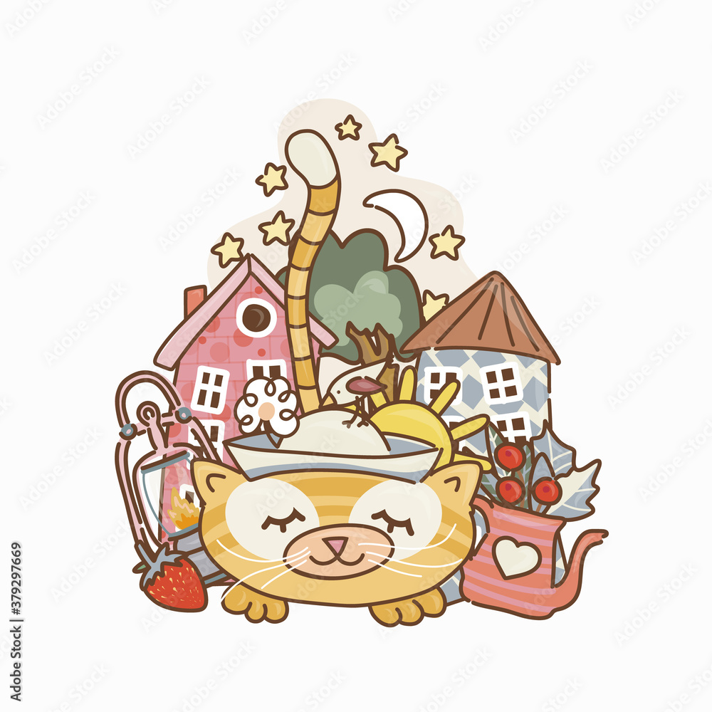 Obraz premium Ginger cat , cute urban background. Starry sky. Doodle for textiles, t-shirts or postcards. Set of vector outline hand drawn style. .