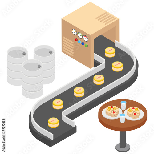 
Cheesecake production in isometric vector 
