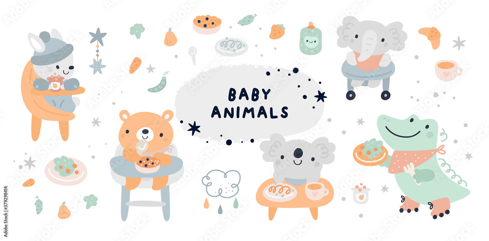 Fototapeta premium Baby shower collection with vector cartoon doodle elements for the design. Baby animals, bunny, rabbit, bear, koala, crocodile, food, meal. First food for kids. Feeding baby on chair