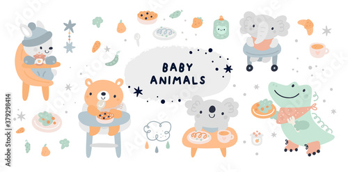 Fototapeta Naklejka Na Ścianę i Meble -  Baby shower collection with vector cartoon doodle elements for the design. Baby animals, bunny, rabbit, bear, koala, crocodile, food, meal. First food for kids. Feeding baby on chair