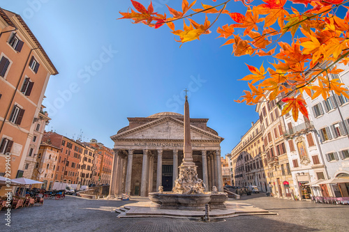 Rome Italy, city skyline at Rome Pantheon Piazza della Rotonda  with autumn leaf foliage photo