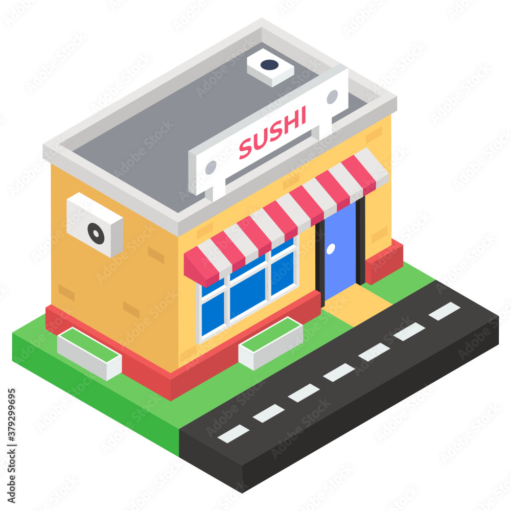 Commercial eating house, isometric design of sushi restaurant icon
Commercial eating house, isometric design of sushi restaurant icon