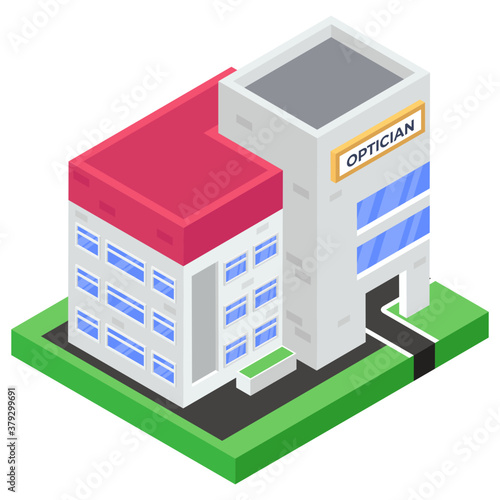 
An isometric design of commercial building icon, optician vector 
