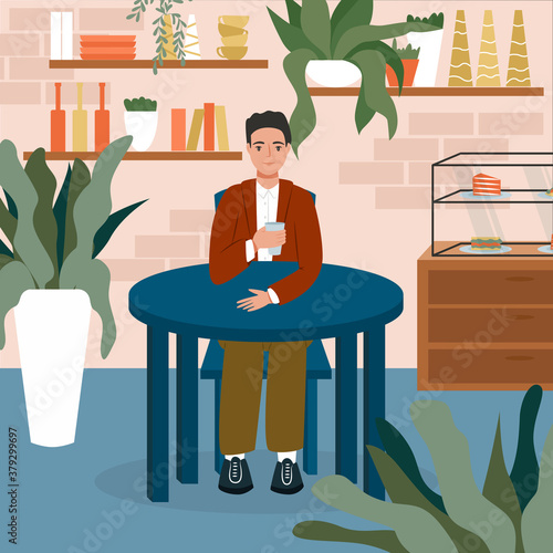 Young smiling man sitting at the cafe or restaurant and have a drink vector flat cartoon illustration.