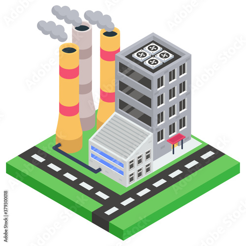 
Building with chimney depicting power plant icon in isometric style
