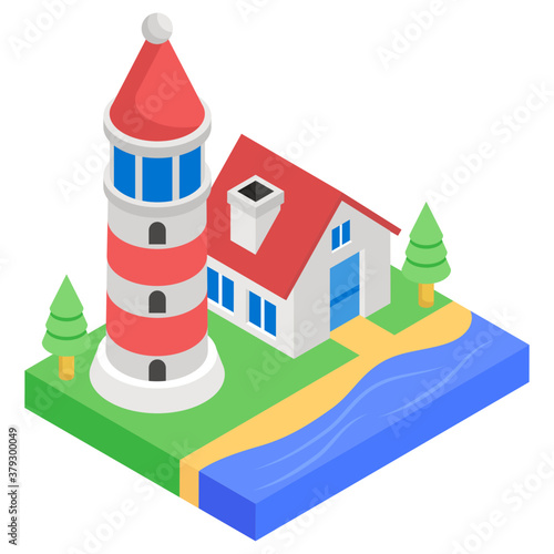 
Sea navigational light signals, lighthouse icon in isometric vector
