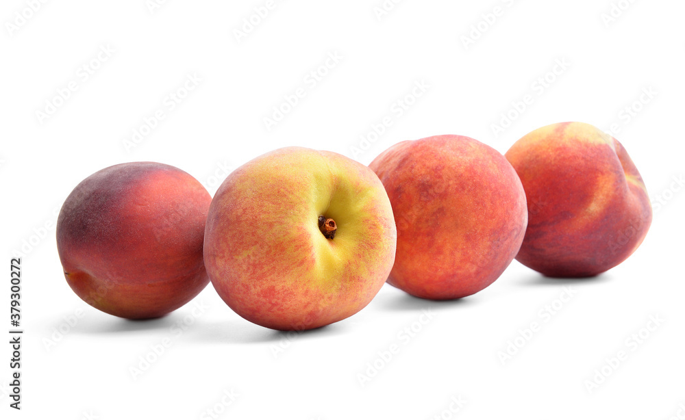 Sweet ripe peaches on white background Sweet ripe peaches on white background