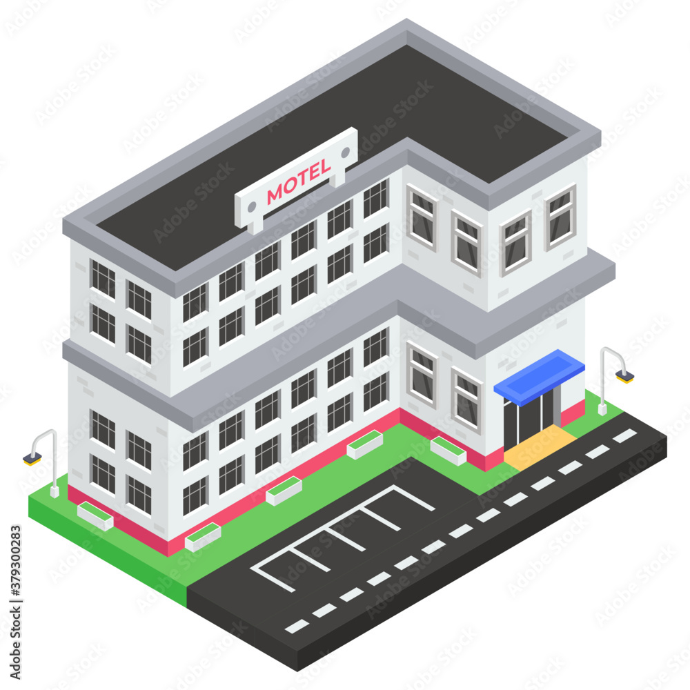 
A local lodging building, motel in isometric icon
