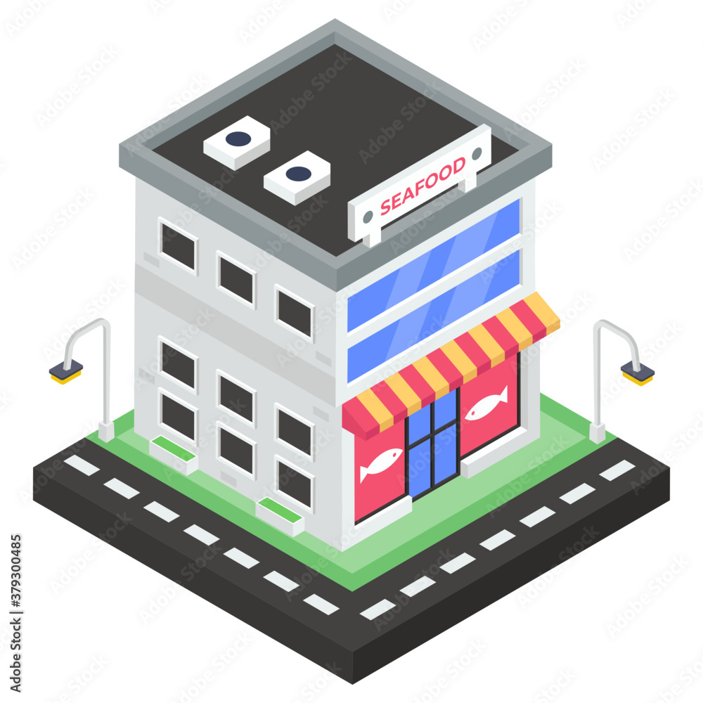 A seafood market icon in isometric design
A seafood market icon in isometric design
