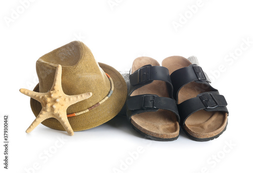 Set of beach accessories on white background