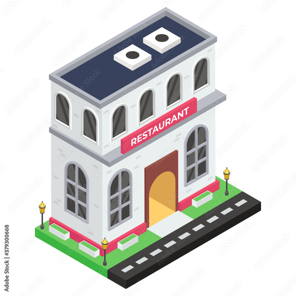 
Commercial eating house, isometric design of restaurant or bistro icon
