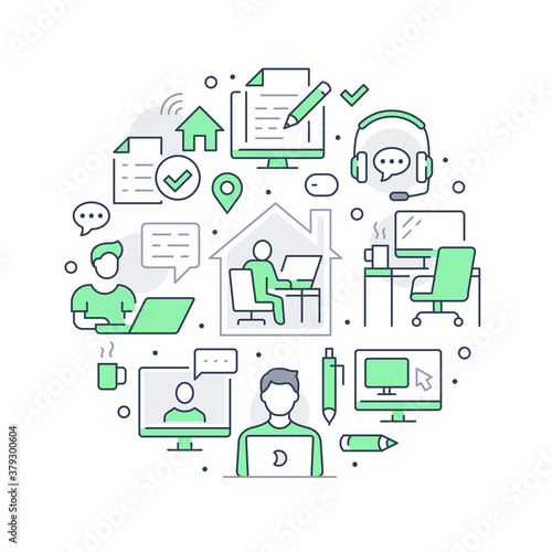 Work from home circle poster with line icons. Vector illustration included icon as freelance worker with laptop, workplace, pc monitor, business man green pictogram for remote job flyer or brochure