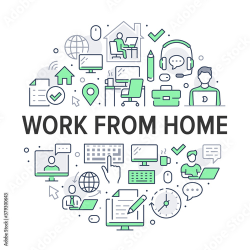 Work from home circle poster with line icons. Vector illustration included icon as freelance worker with laptop, workplace, pc monitor, business man green pictogram for remote job flyer or brochure